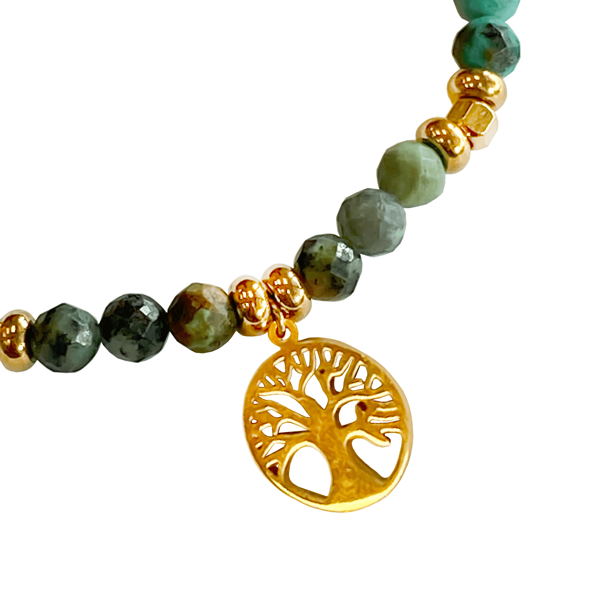 Laborite stone bracelet interspersed with gold-plated beads with a gold-plated Tree of Life charm