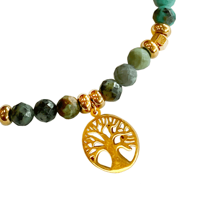 Laborite stone bracelet interspersed with gold-plated beads with a gold-plated Tree of Life charm