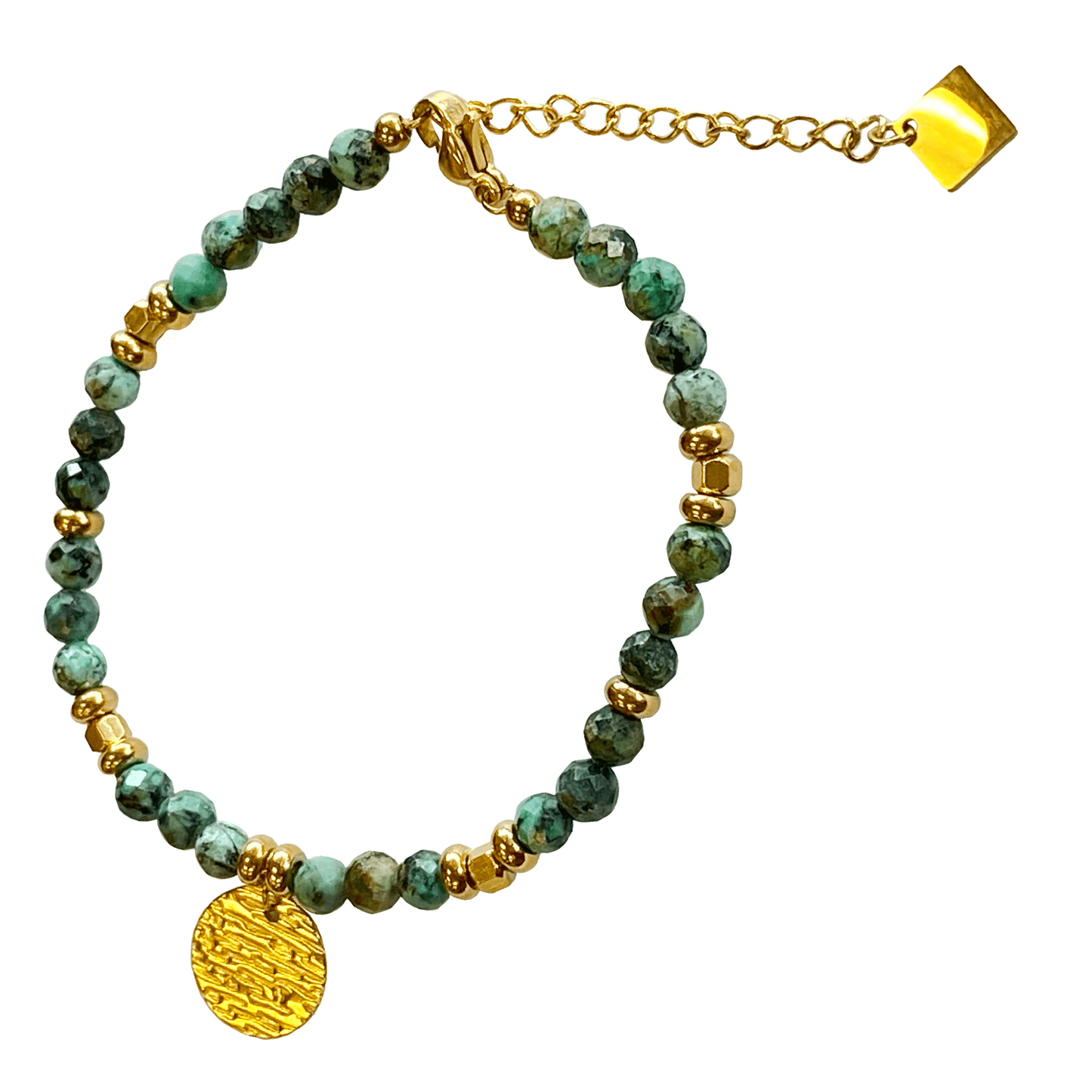 Laborite stone bracelet with a gold-plated charm interspersed with gold-plated beads