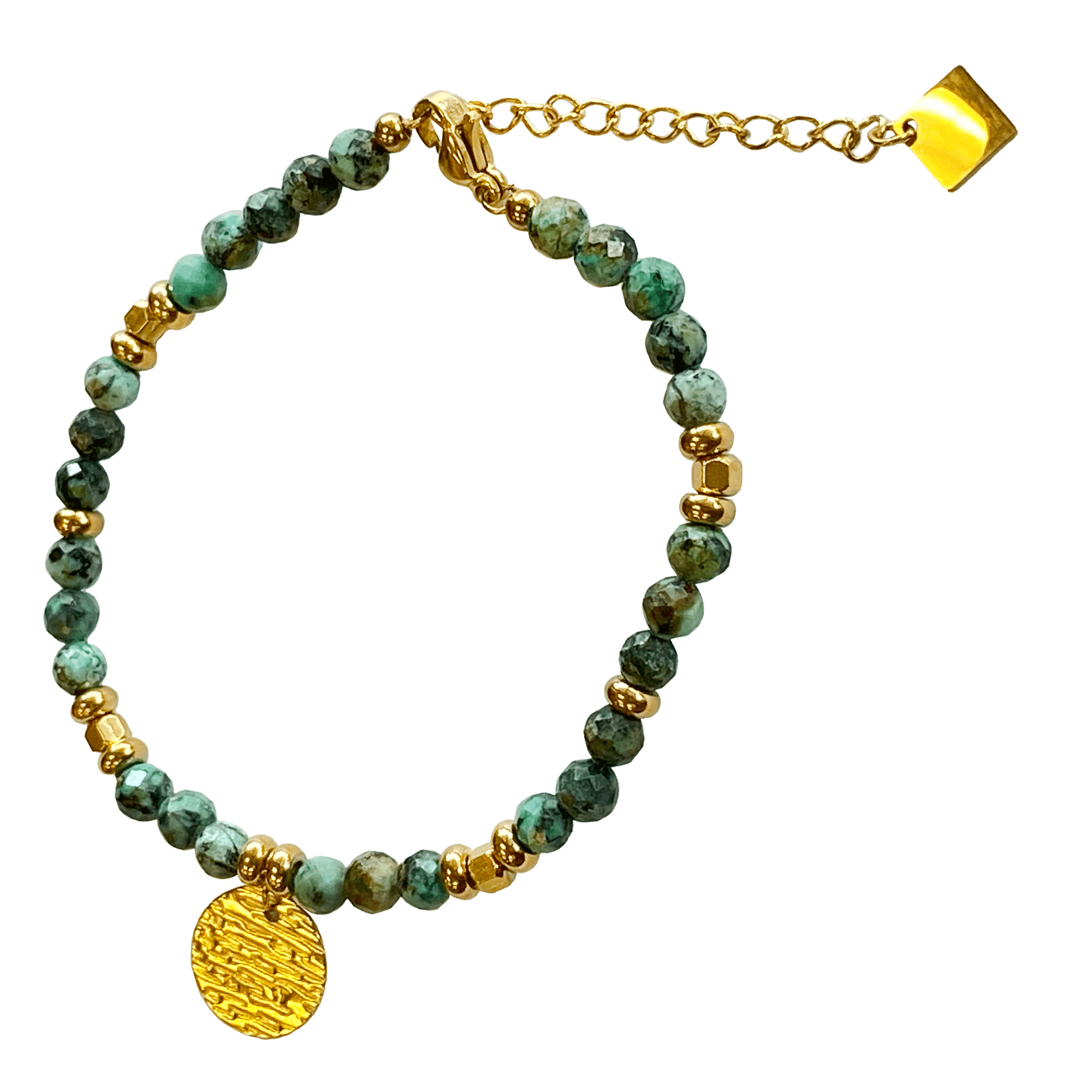 Laborite stone bracelet with a gold-plated charm interspersed with gold-plated beads