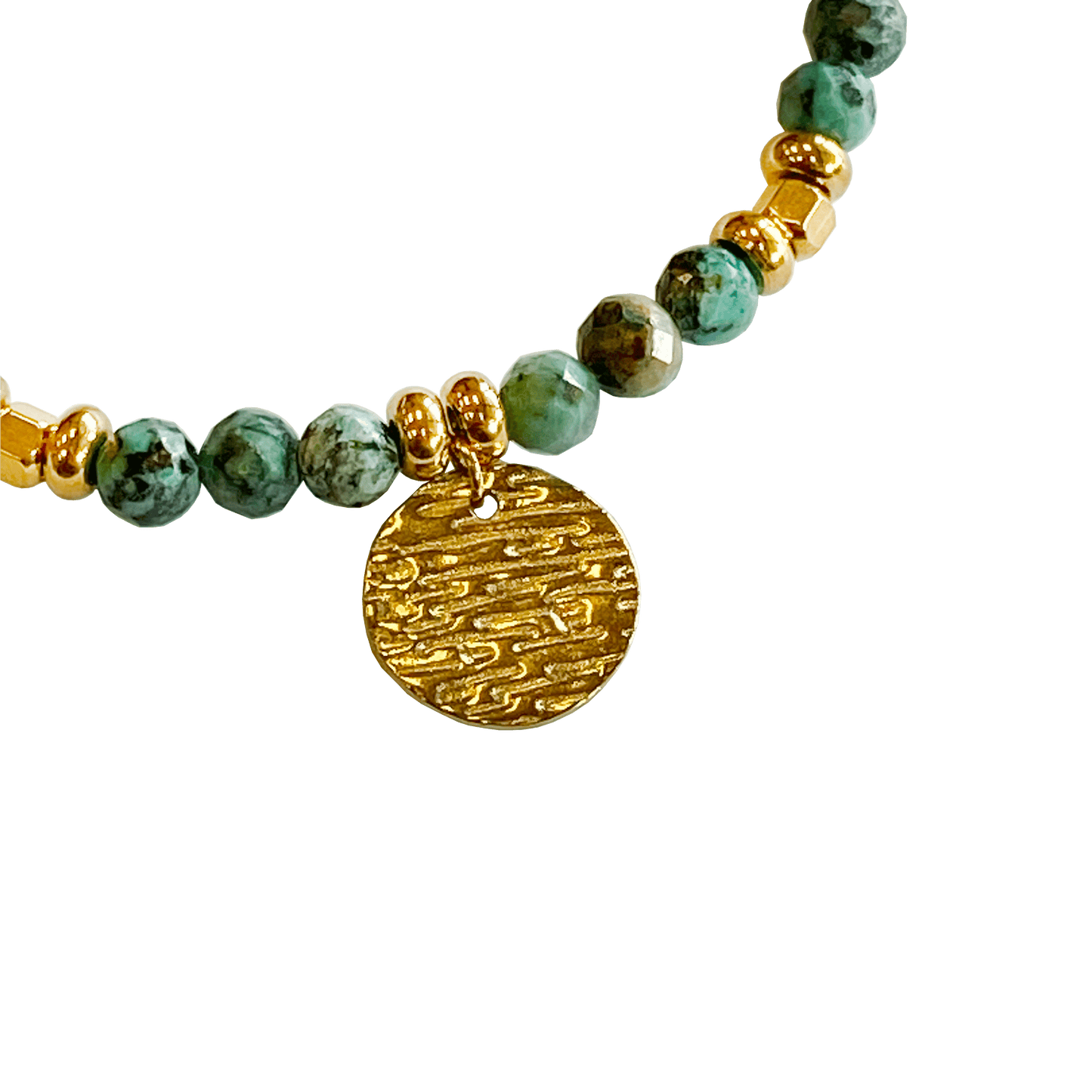 Laborite stone bracelet with a gold-plated charm interspersed with gold-plated beads