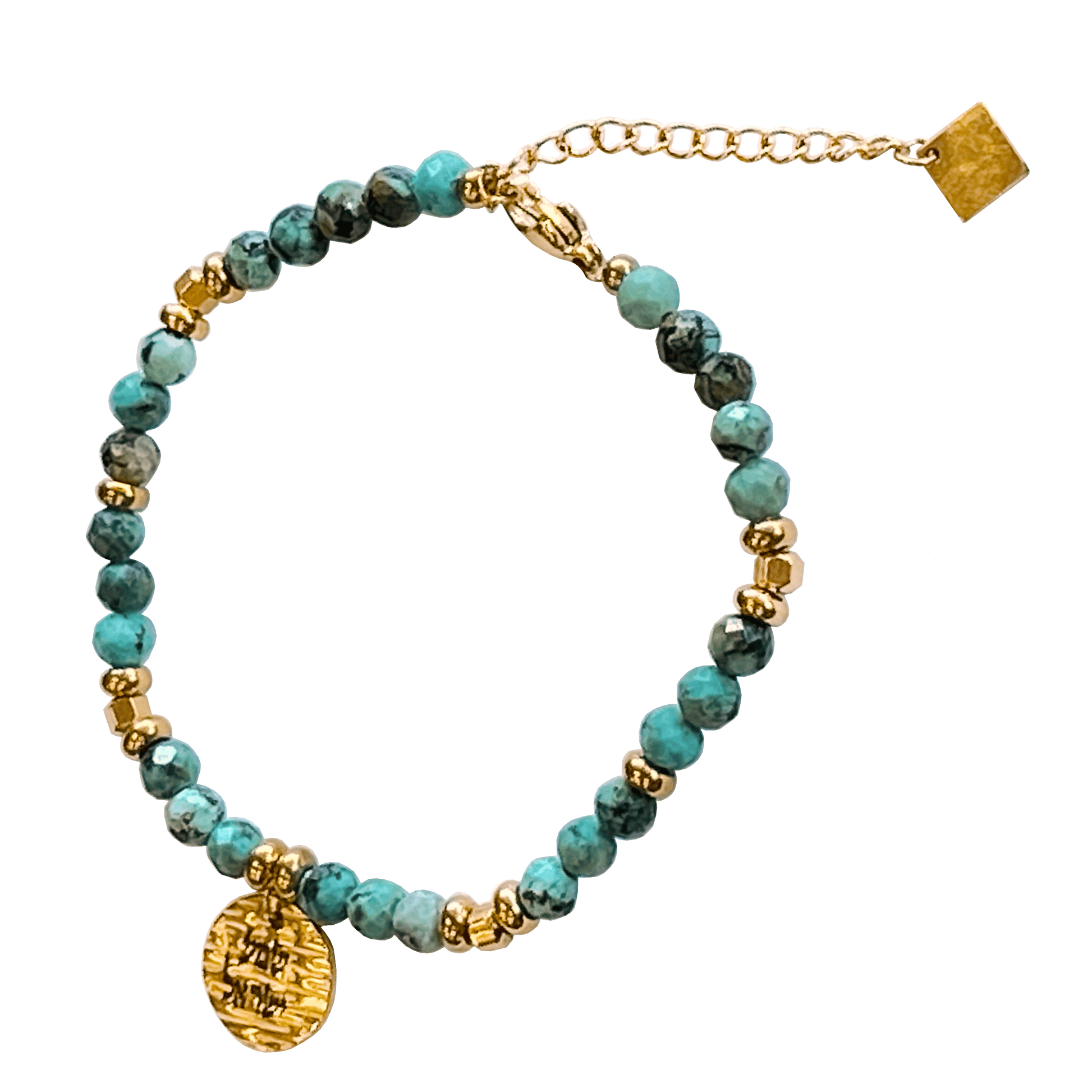 Laborite stone bracelet with a gold-plated Shema charm interspersed with gold-plated beads