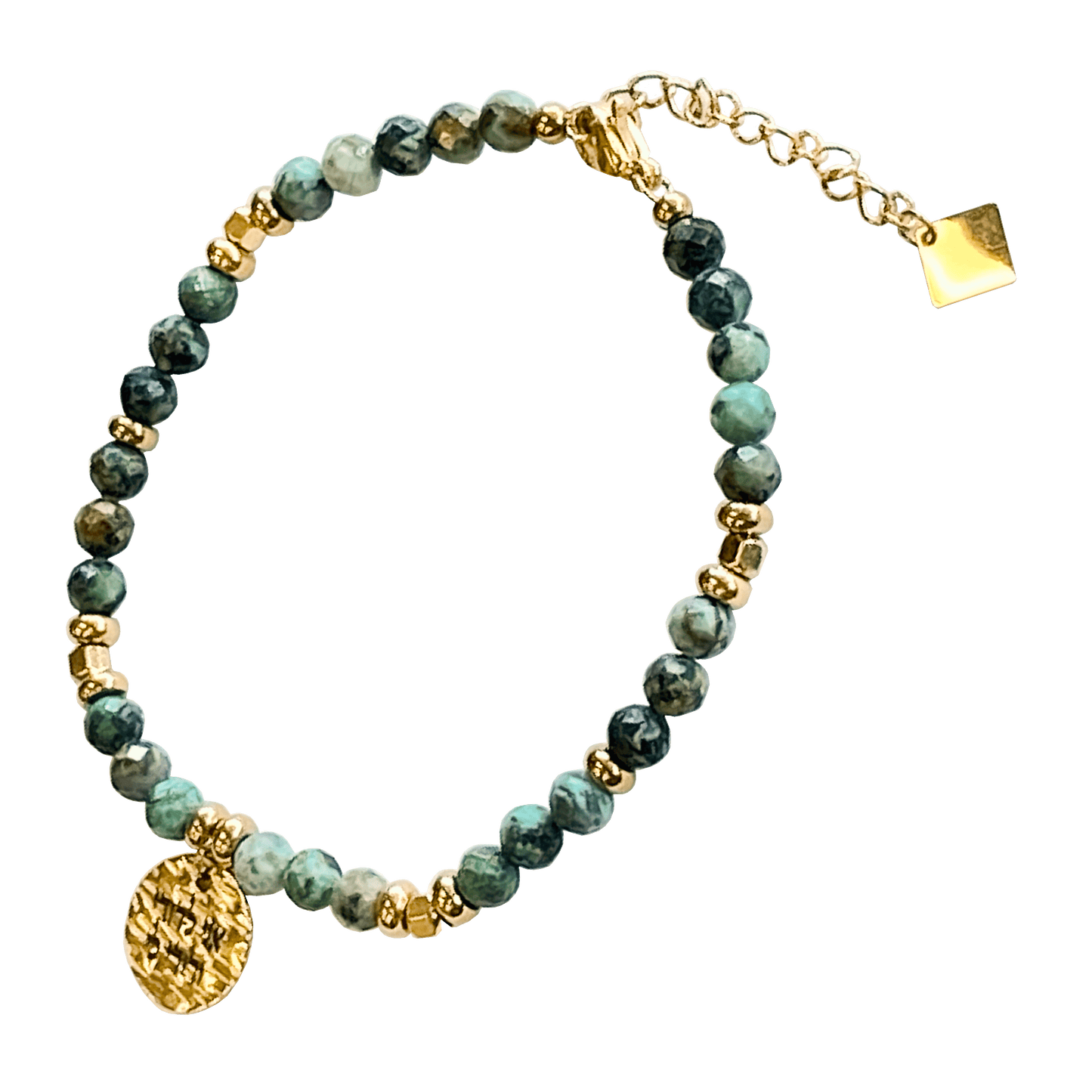 Laborite stone bracelet interspersed with gold-plated beads with a gold-plated charm that says “I Am My Beloveds”