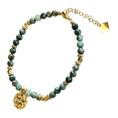 Laborite stone bracelet interspersed with gold-plated beads with a gold-plated charm that says “I Am My Beloveds”