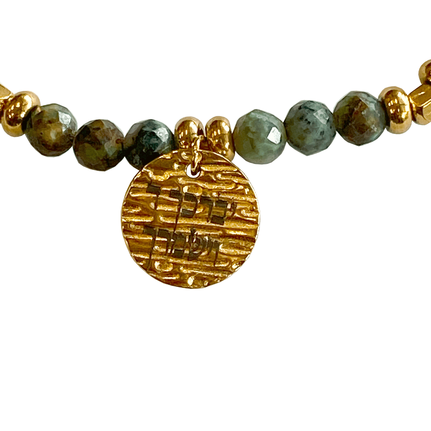 Laborite stone bracelet interspersed with gold-plated beads with a gold-plated charm that says “May God Bless You & Keep You”