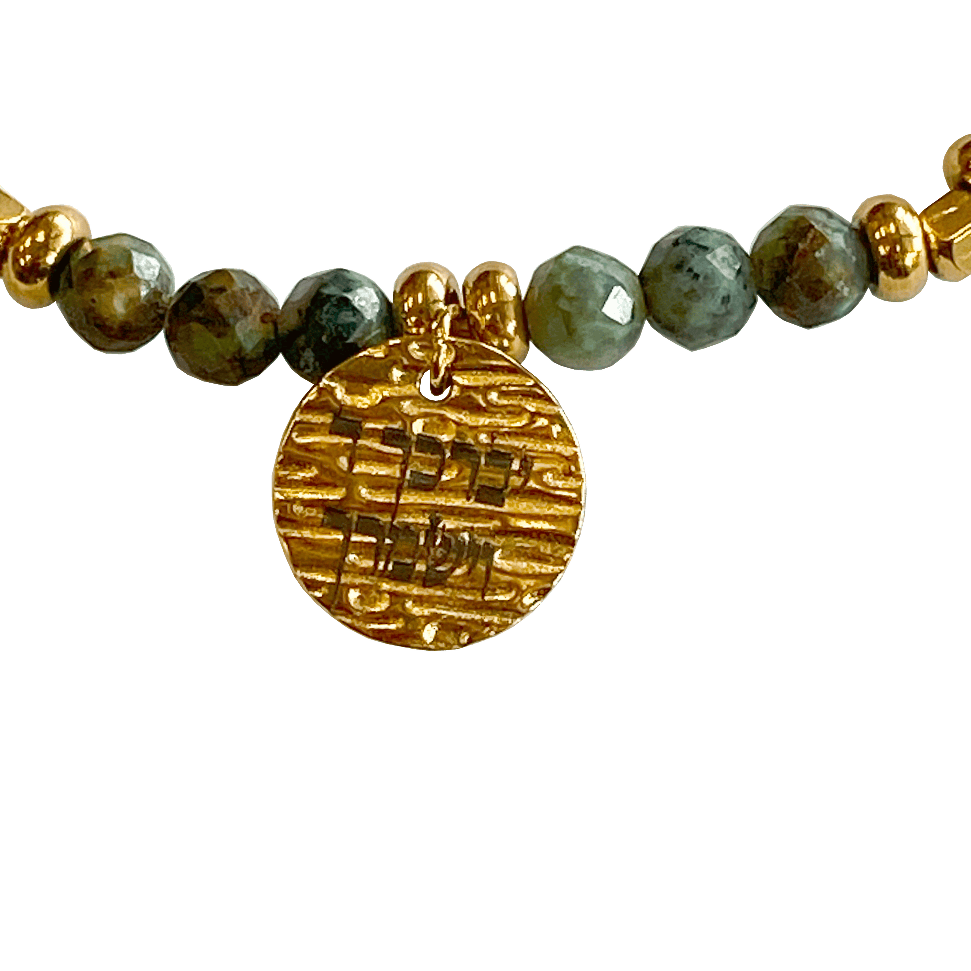 Laborite stone bracelet interspersed with gold-plated beads with a gold-plated charm that says “May God Bless You & Keep You”