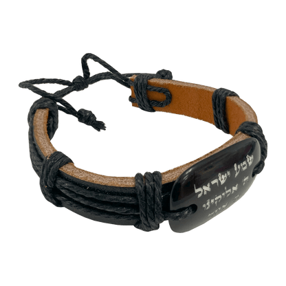 Handmade leather strap bracelet with the Shema (Deuteronomy 4:6) in Hebrew