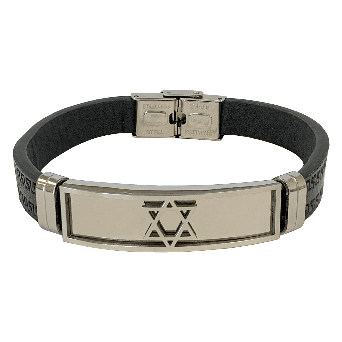 Black leather-look bar bracelet with a stainless steel Star of David with silver trim