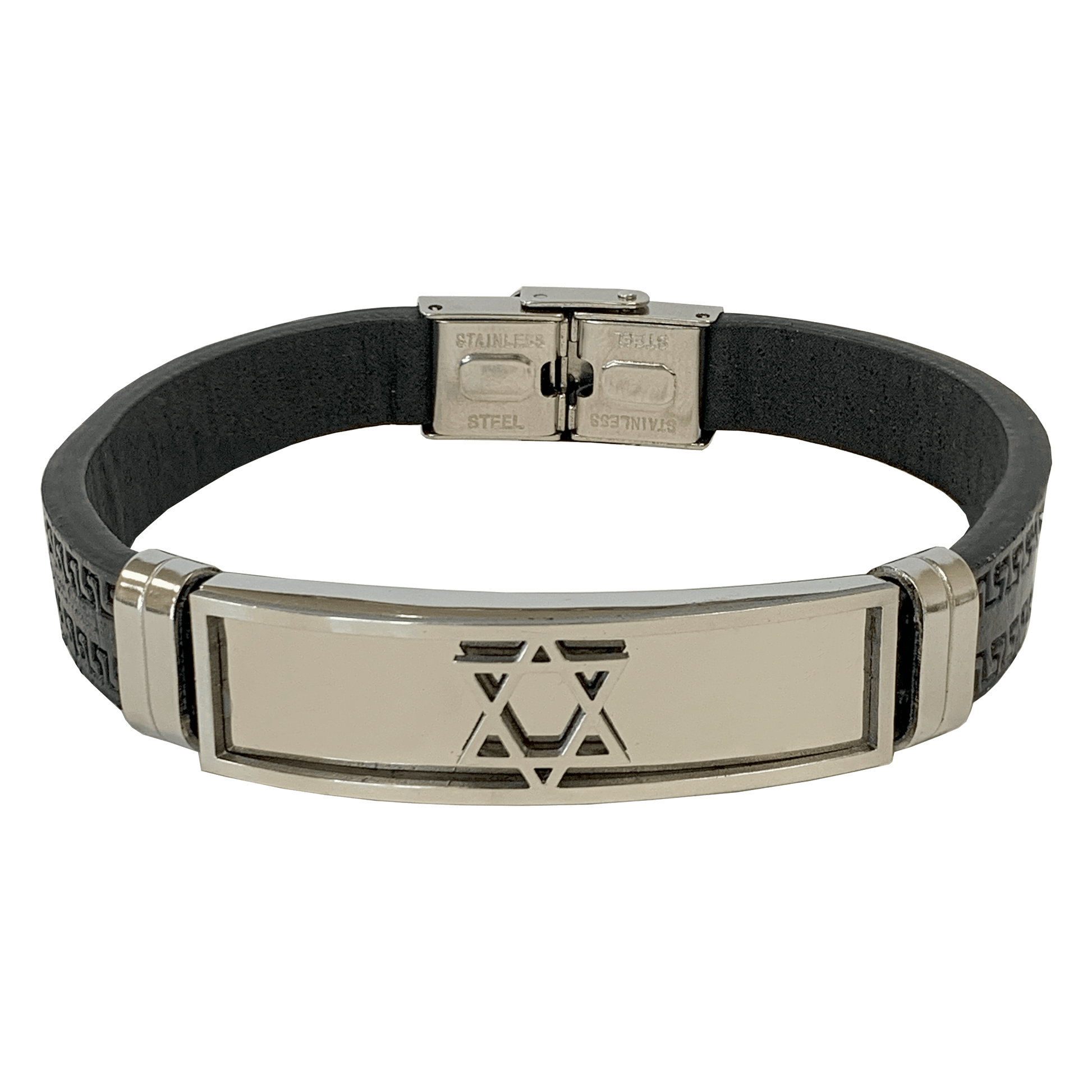 Black leather-look bar bracelet with a stainless steel Star of David with silver trim