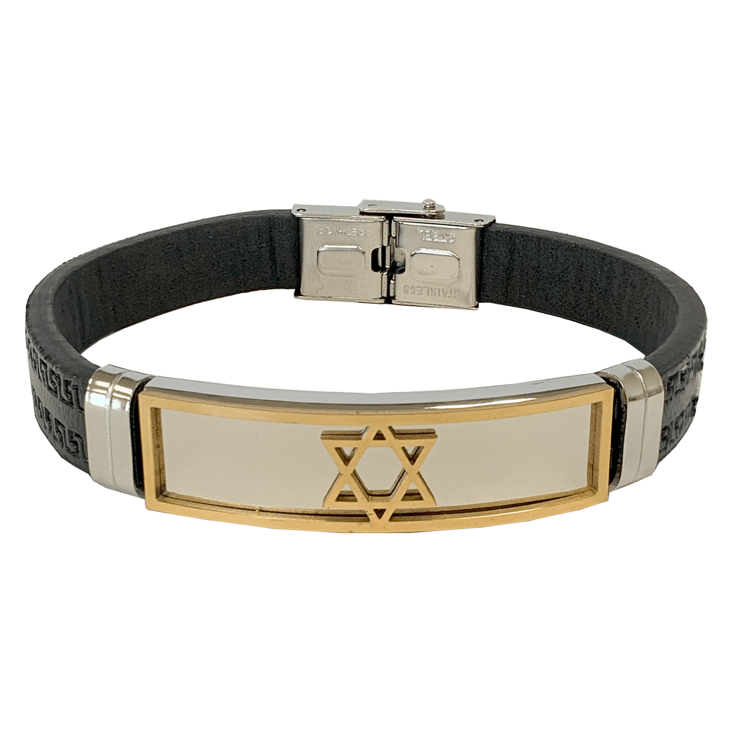 Black leather-look bar bracelet with a stainless steel Star of David with gold trim 