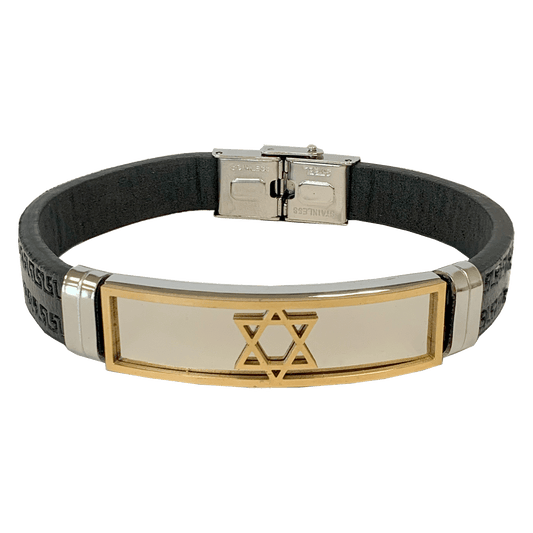 Black leather-look bar bracelet with a stainless steel Star of David with gold trim 