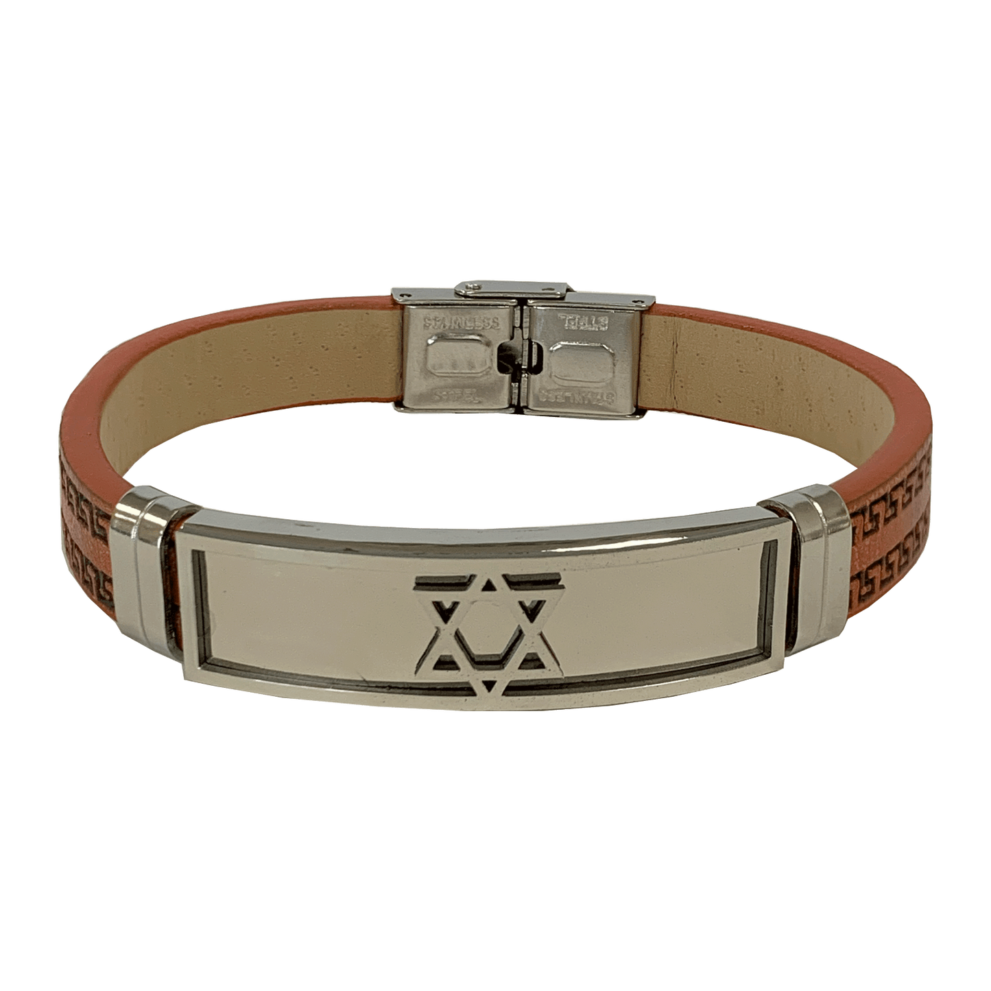 Brown leather-look bar bracelet with a stainless steel Star of David with silver trim