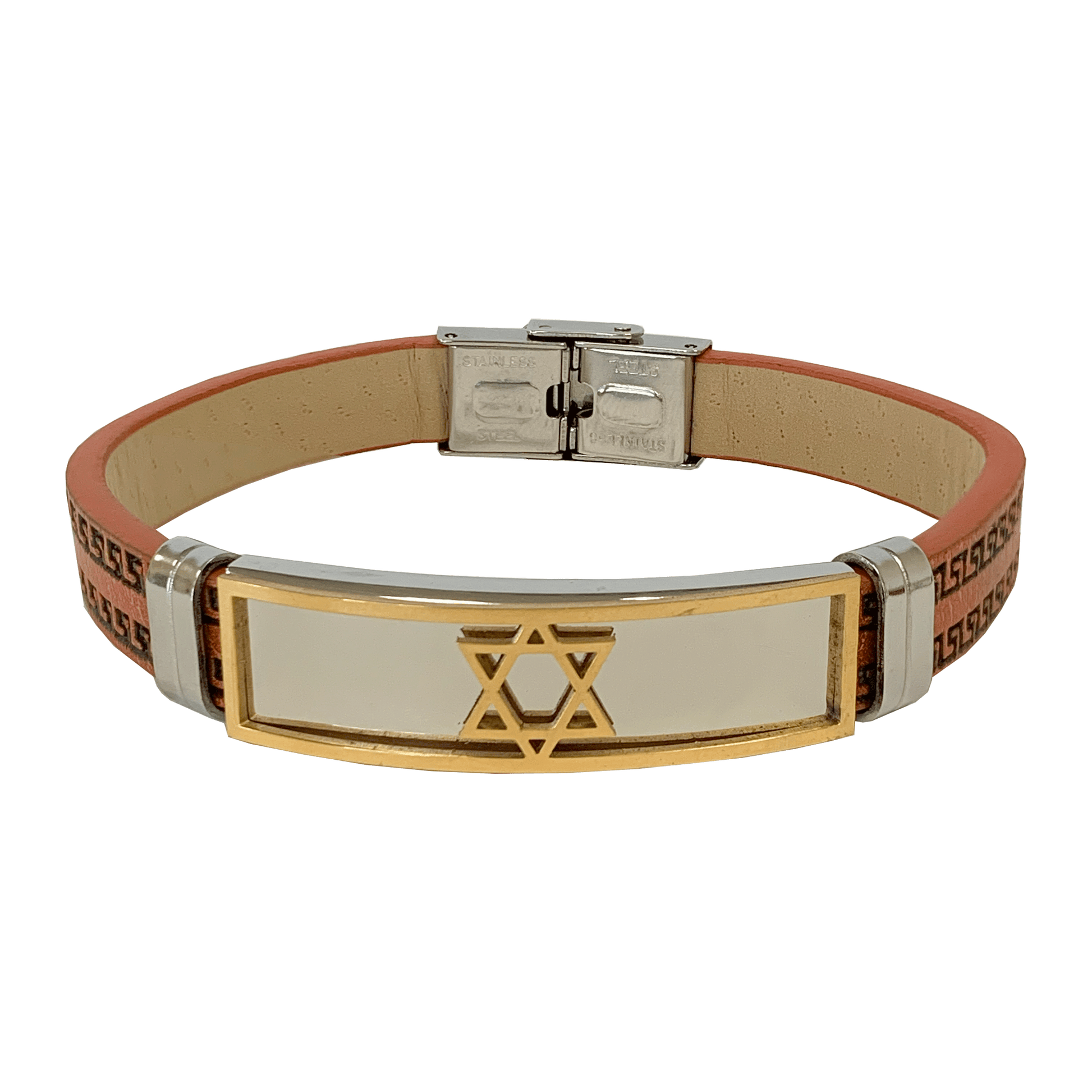 Brown leather-look bar bracelet with a stainless steel Star of David with gold trim