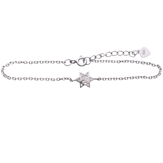 Sterling silver chain bracelet with a six-pointed star charm adorned with clear crystals
