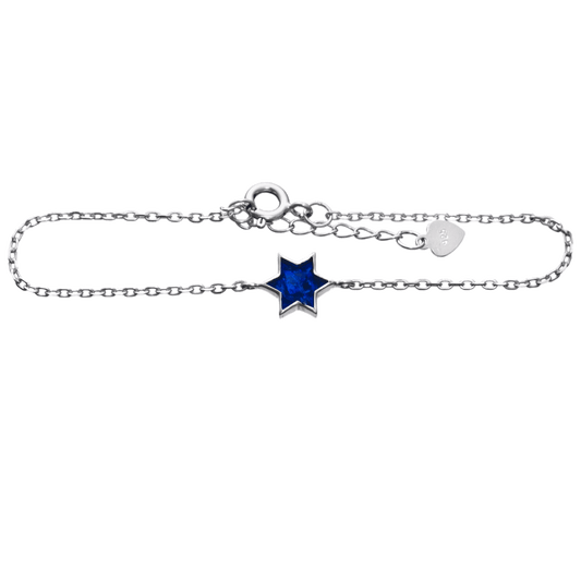 Sterling silver chain bracelet containing a six-pointed blue star charm