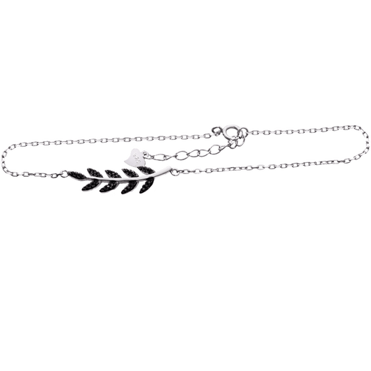 Sterling silver chain bracelet with an olive branch charm adorned with black crystals
