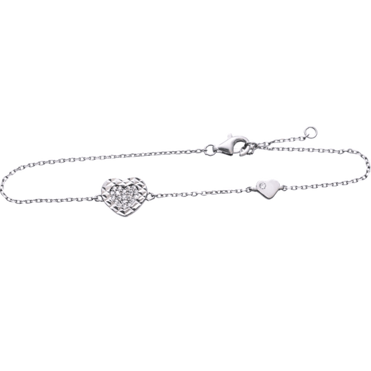 Sterling silver chain bracelet with a large heart-shaped charm adorned with clear crystals and a smaller heart-shaped charm adorned with a single clear crystal