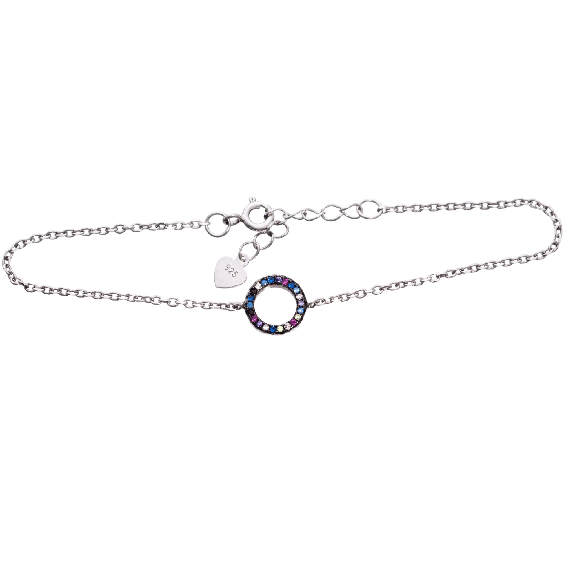 sterling silver chain bracelet containing an open circle adorned with multi-color crystals
