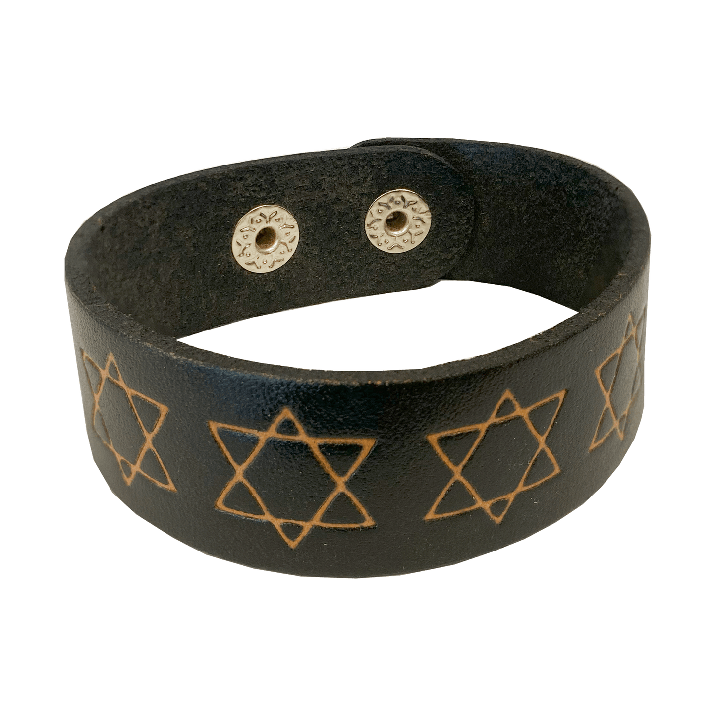 Leather strap button bracelet with Stars of David embossed around the band