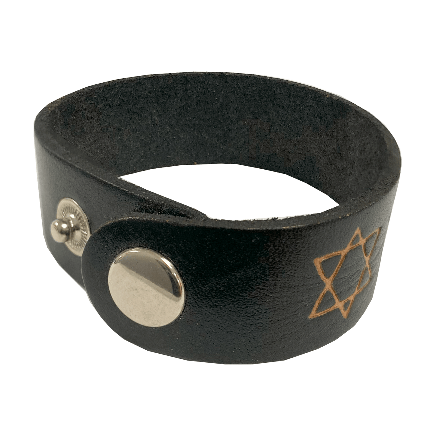 Leather strap button bracelet with Stars of David embossed around the band