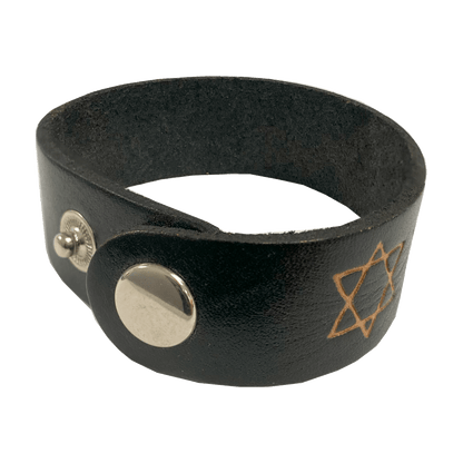 Leather strap button bracelet with Stars of David embossed around the band