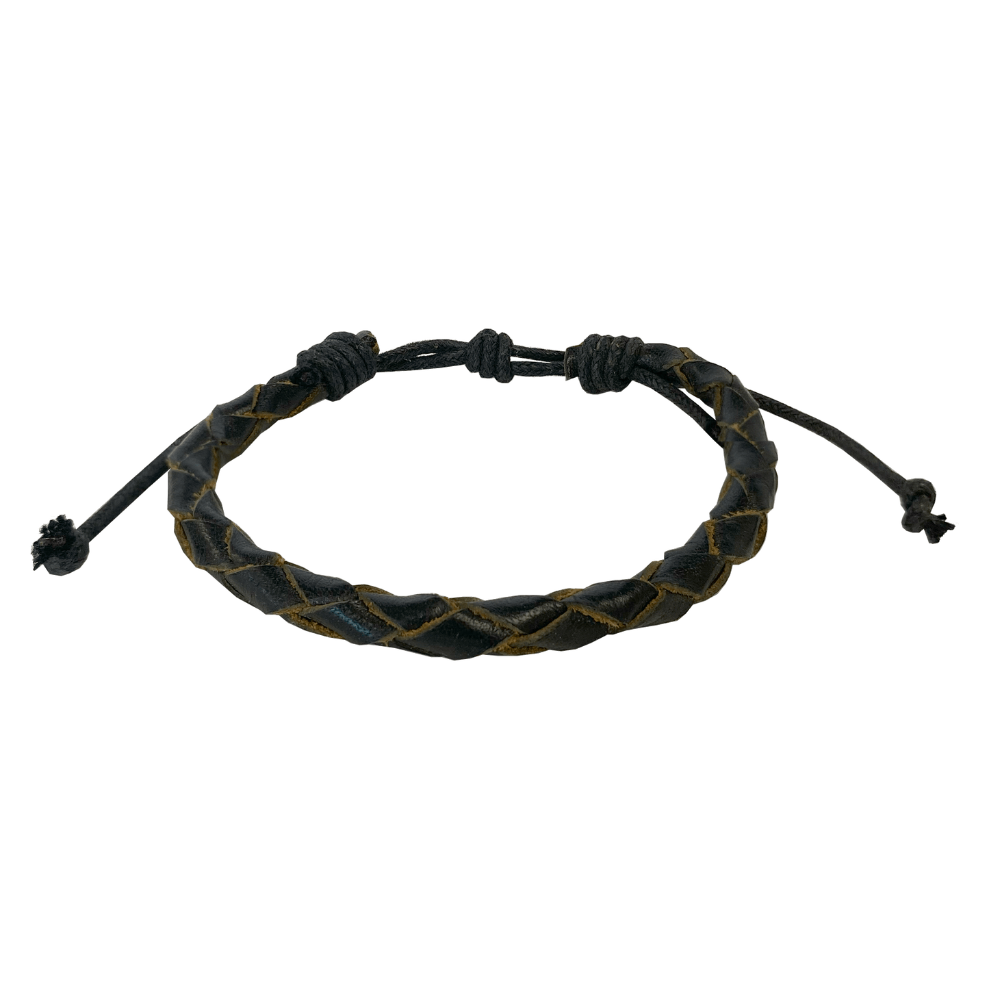 Black braided leather herringbone-patterned bracelet with a drawstring-type closure