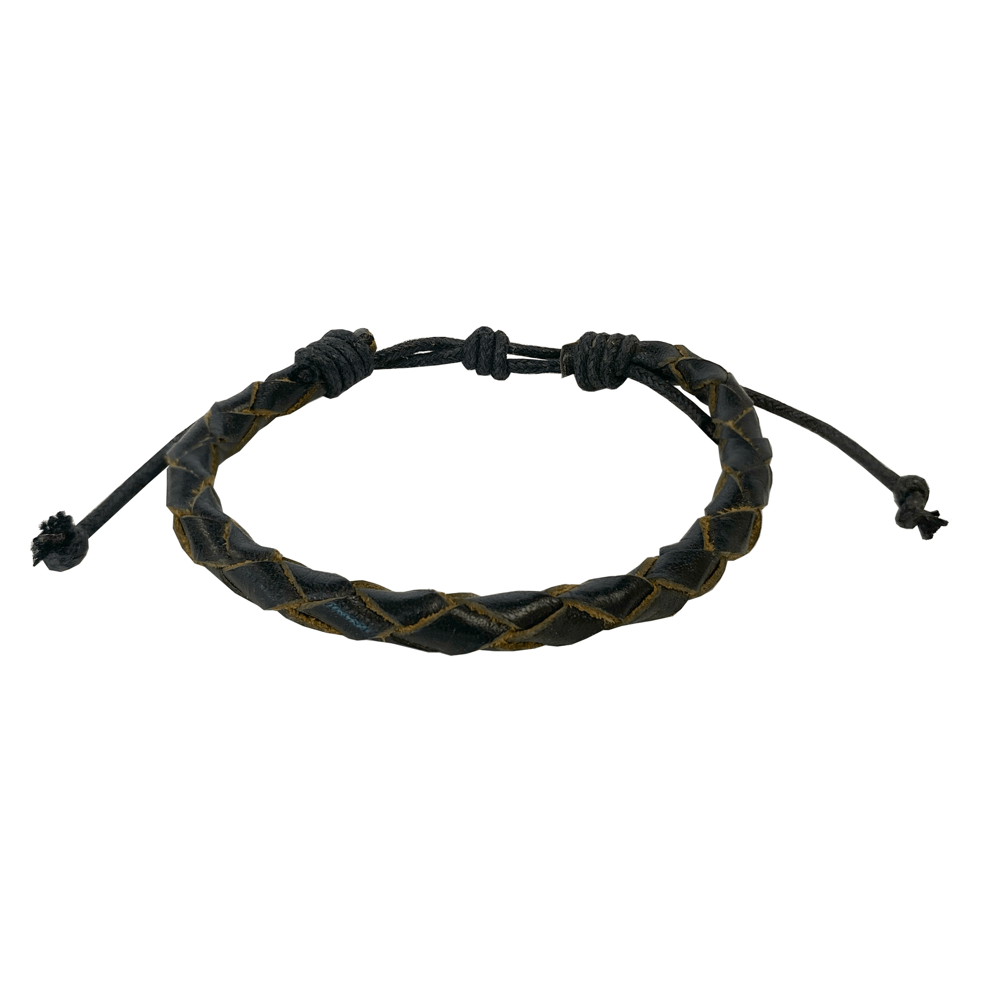 Black braided leather herringbone-patterned bracelet with a drawstring-type closure