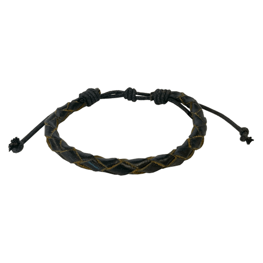 Black braided leather herringbone-patterned bracelet with a drawstring-type closure