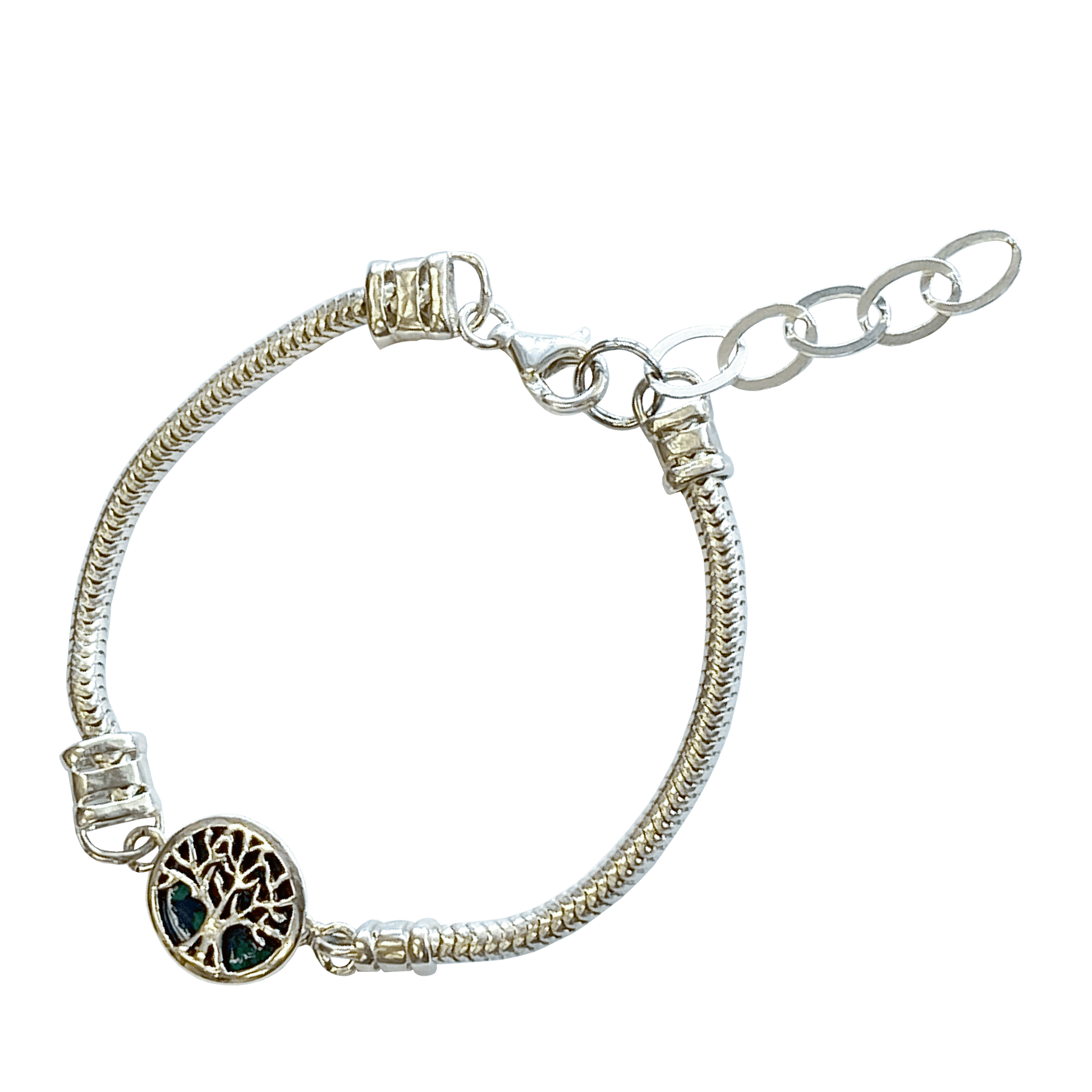 Sterling silver rope chain bracelet with a round Tree of Life pendant backed by an Eilat stone