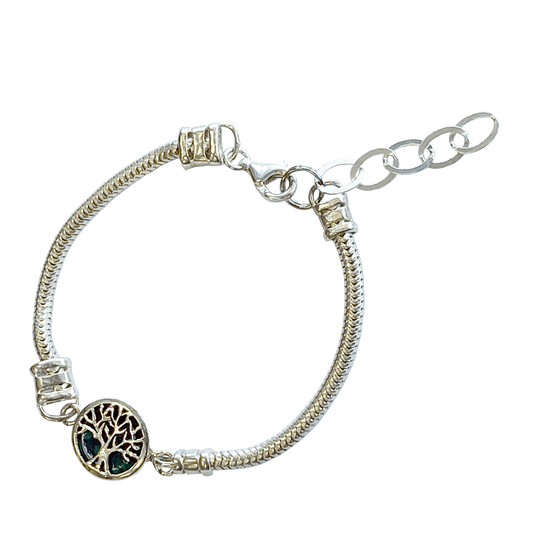 Sterling silver rope chain bracelet with a round Tree of Life pendant backed by an Eilat stone