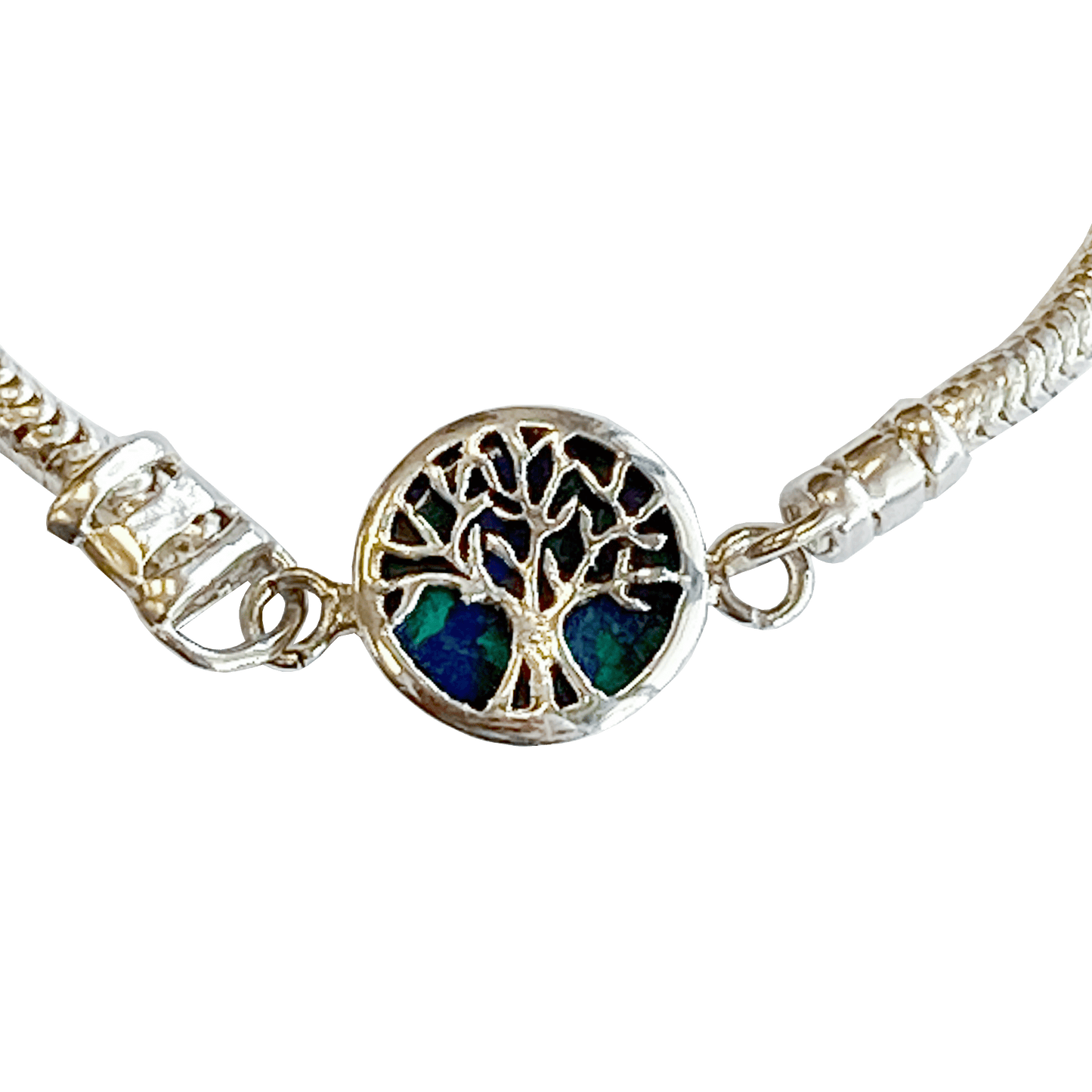 Sterling silver rope chain bracelet with a round Tree of Life pendant backed by an Eilat stone