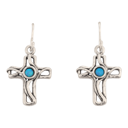 Silver cross dangle earrings with an Opal in the center