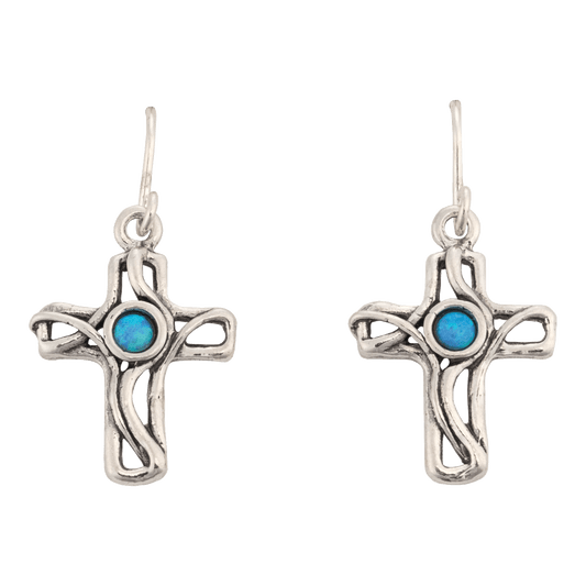 Silver cross dangle earrings with an Opal in the center