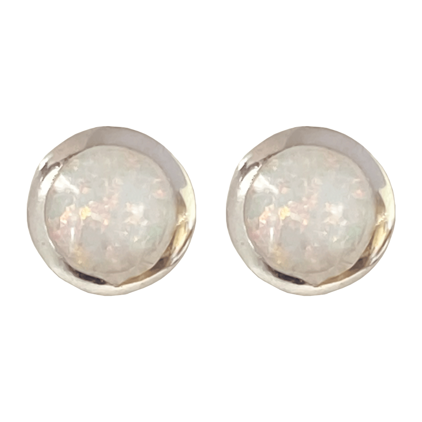 Synthetic opal round stud earrings set in a polished metal base