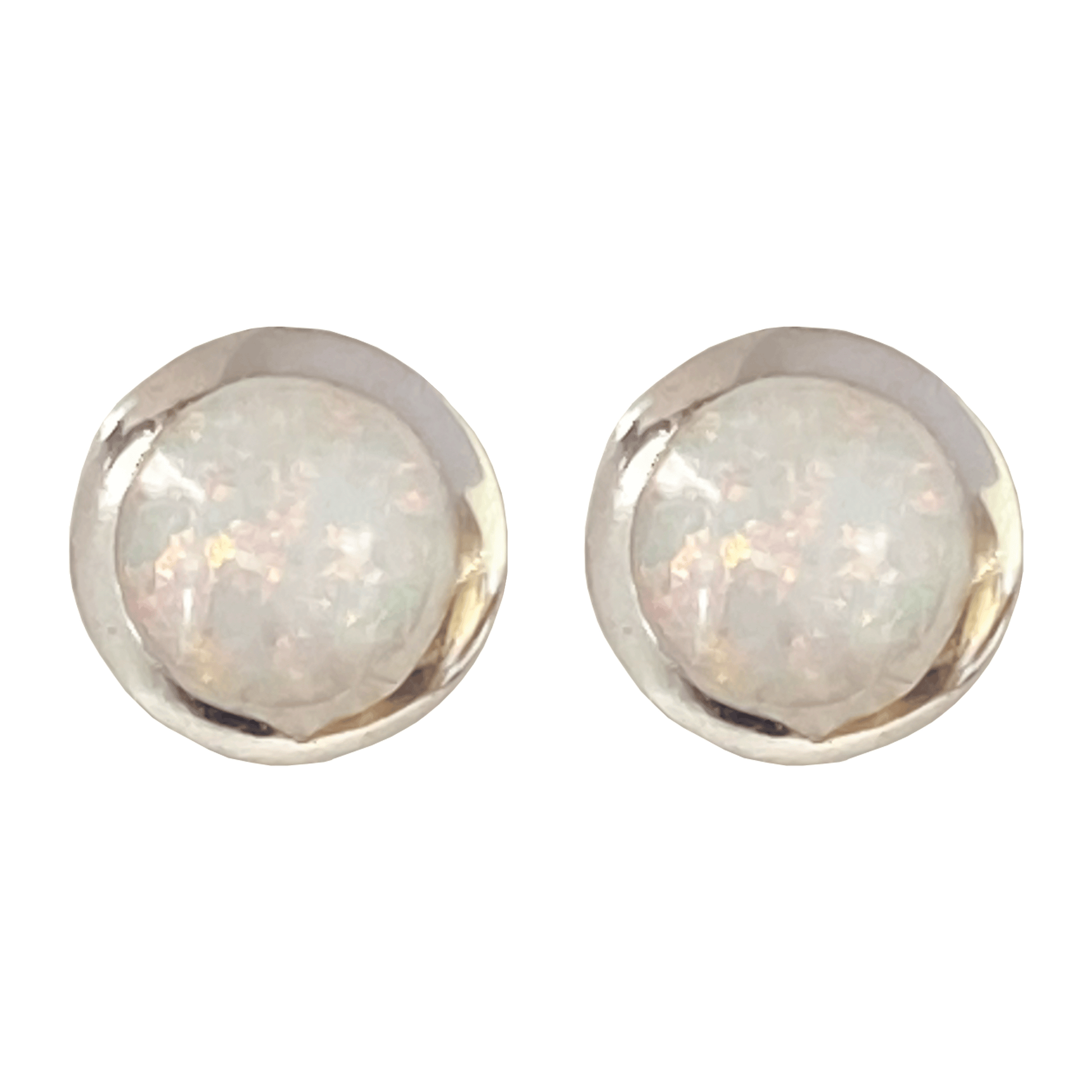 Synthetic opal round stud earrings set in a polished metal base