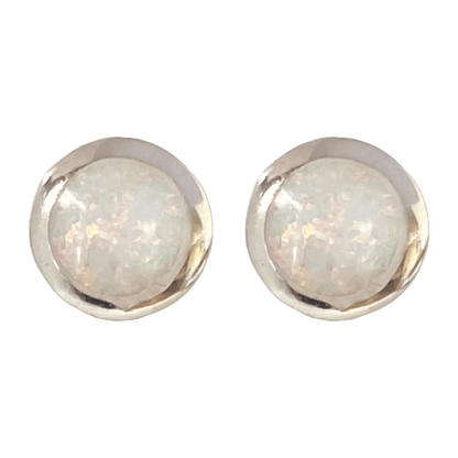 Synthetic opal round stud earrings set in a polished metal base