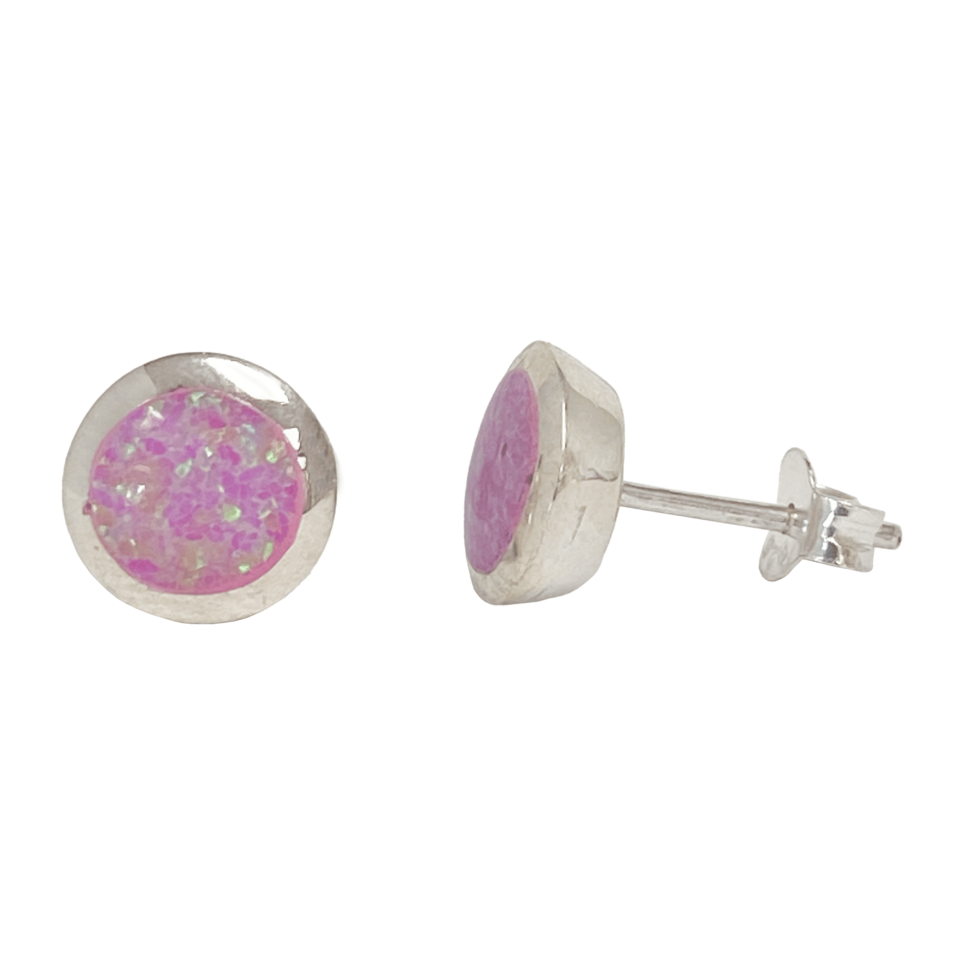 Synthetic pink opal round stud earrings set in a polished metal base