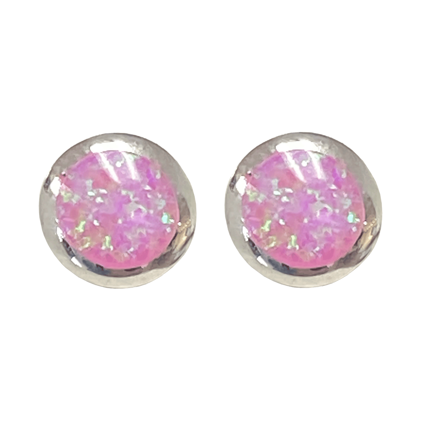 Synthetic pink opal round stud earrings set in a polished metal base