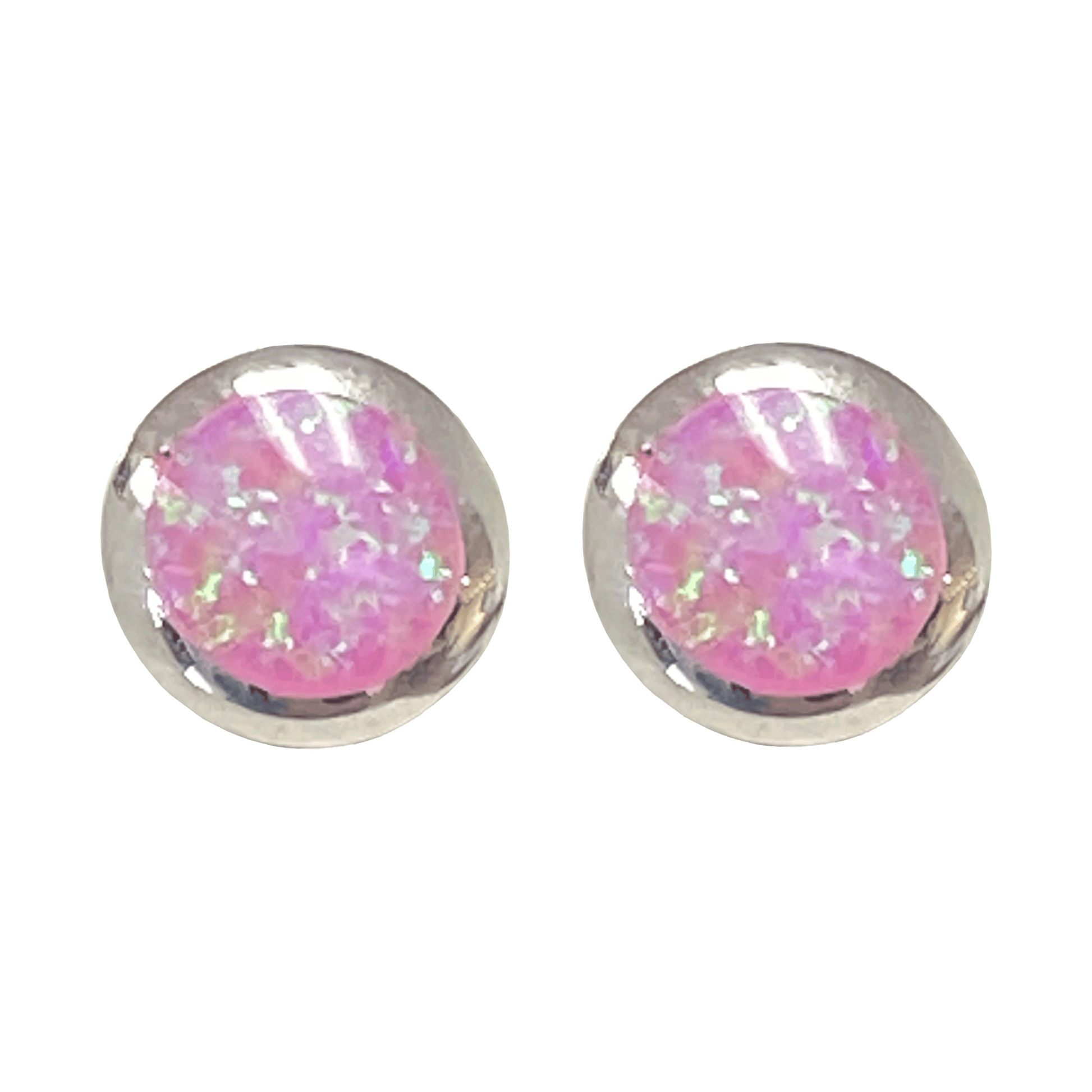 Synthetic pink opal round stud earrings set in a polished metal base