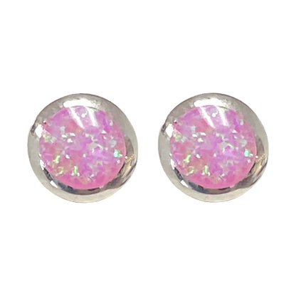 Synthetic pink opal round stud earrings set in a polished metal base