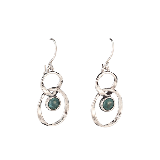 Silver earrings each with two interlocking hoops with eilat stones at the center
