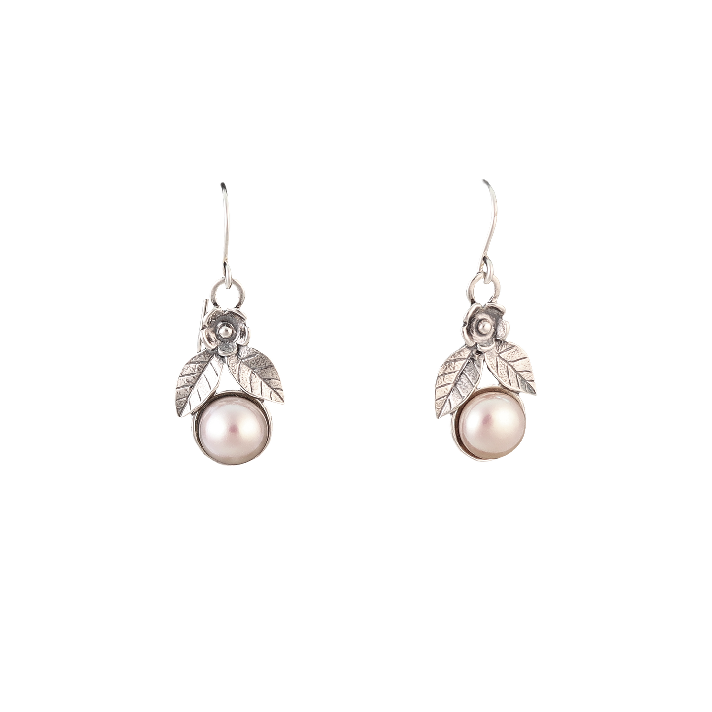 Dangle pearl earrings with sterling silver flower detail at the top