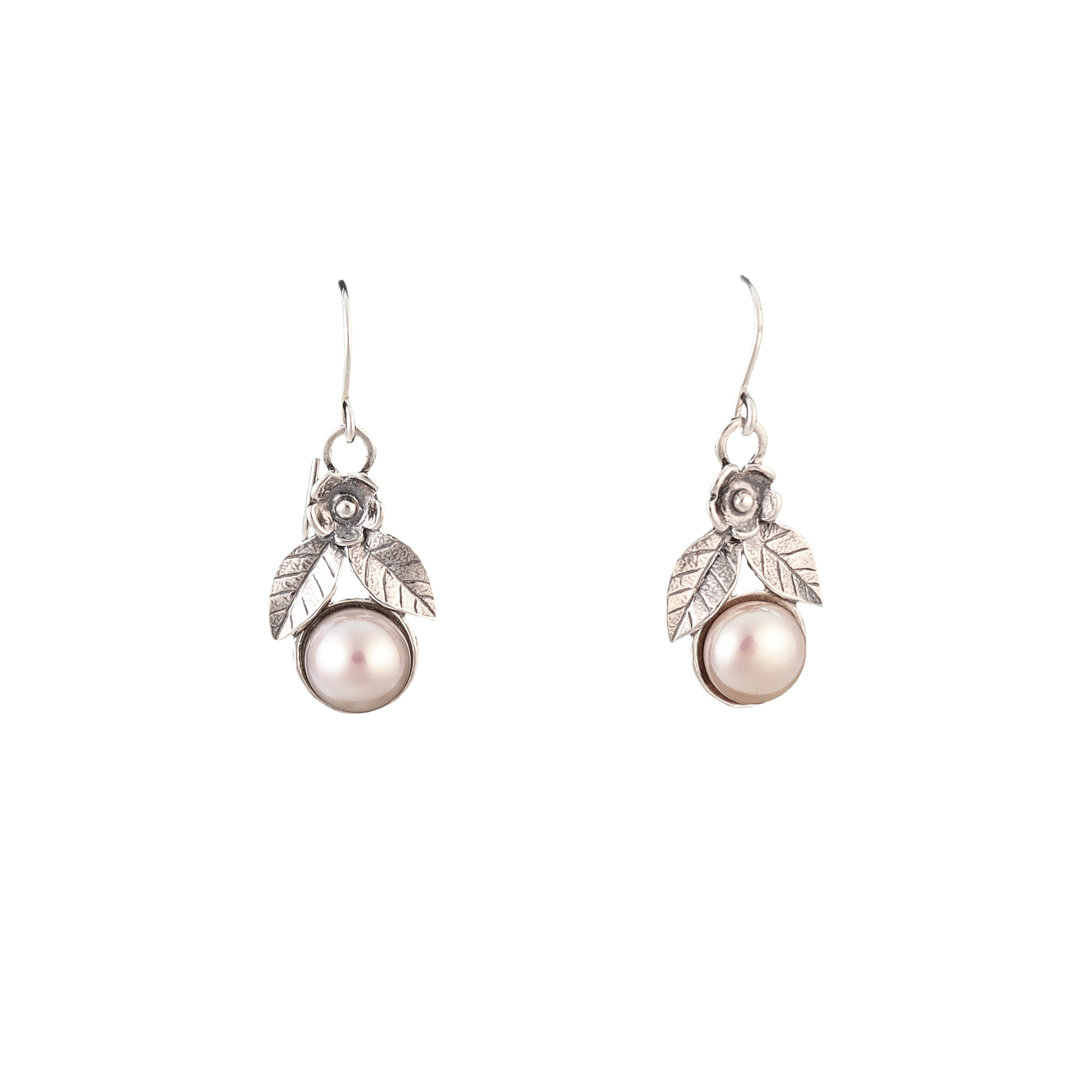 Dangle pearl earrings with sterling silver flower detail at the top