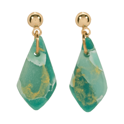 Handcrafted green teardrop earrings made of marbled polymer clay with gold hardware