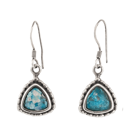 Roman glass held in silver dangle bordered pendant earrings