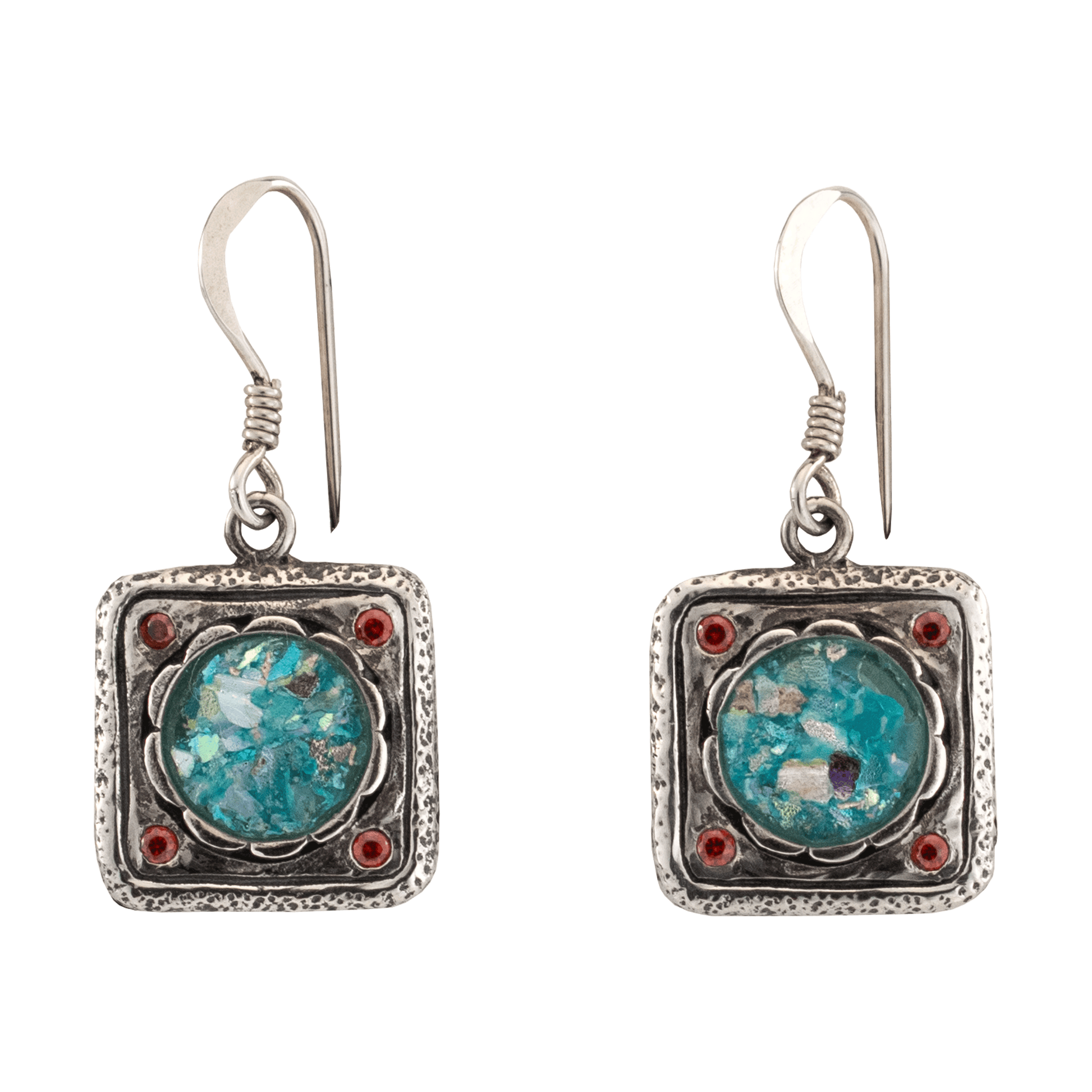 Round Roman Glass held by silver square with small petals and red jewels dangle earrings