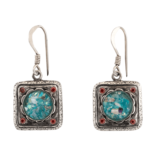 Round Roman Glass held by silver square with small petals and red jewels dangle earrings