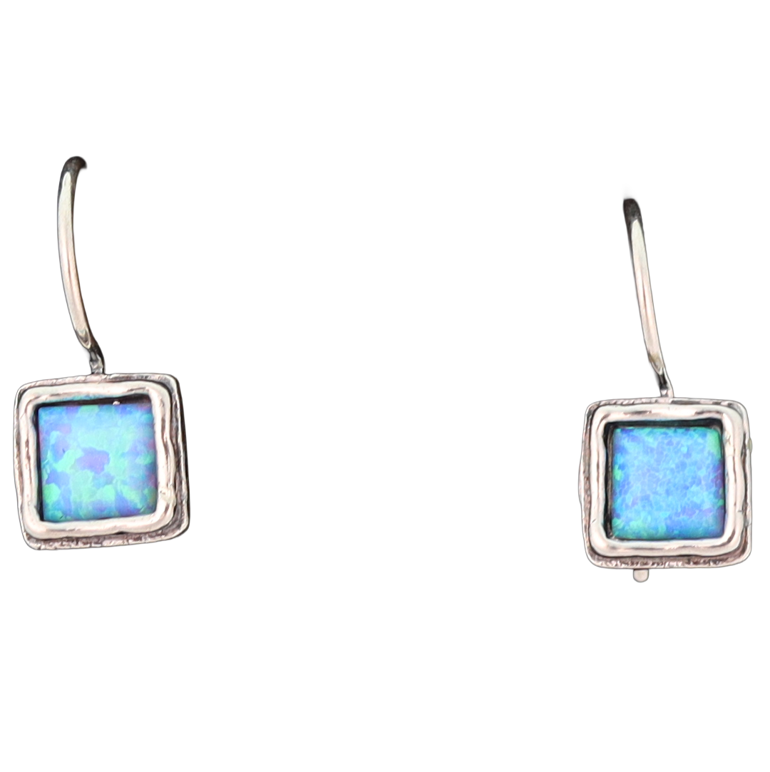 Opal Square Drop Earrings in silver frame