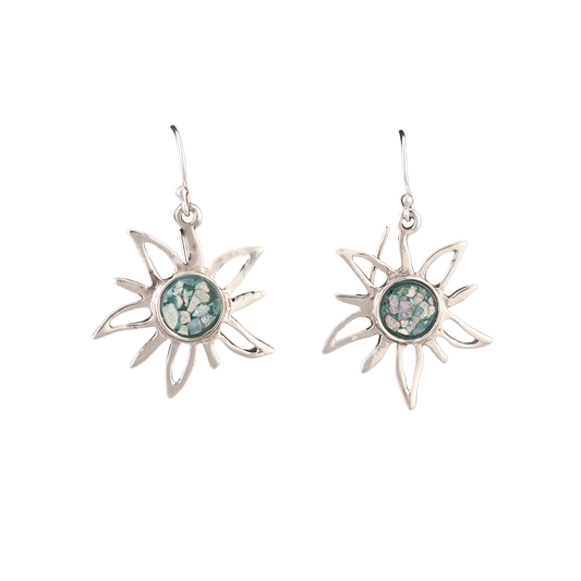 Sterling silver sun earrings with Roman glass in the center