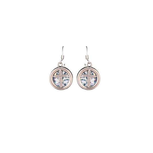 Circular silver dangle earrings with Roman glass and silver crosses